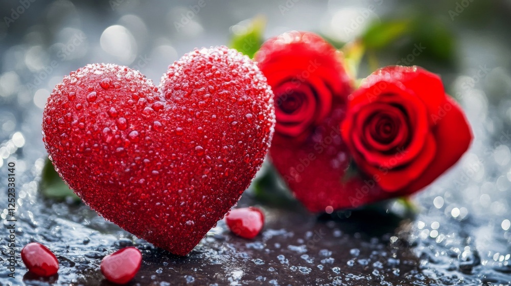 Fototapeta premium Red Heart and Roses with Water Droplets on a Dark Surface for Romance Valentines Day