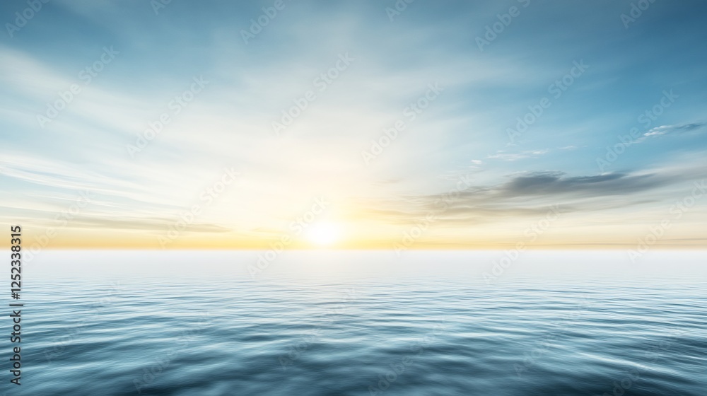 Obraz premium Serene ocean sunset glows warmly across a calm sea with soft light. AI Generated