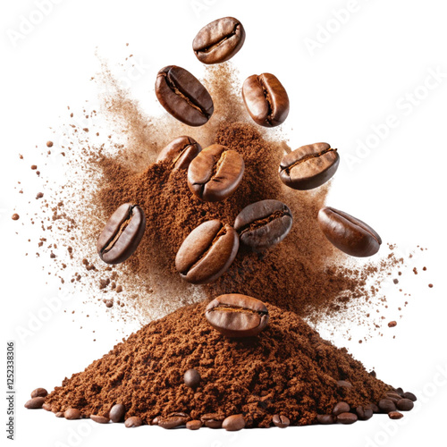 Coffee Beans Falling on Powder Isolated on White Background