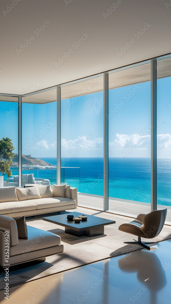 Obraz premium Luxury architecture, ocean front property landscape. Modern living room interior design with sleek contemporary designer furniture, minimalist decor large windows, panoramic coastal view background