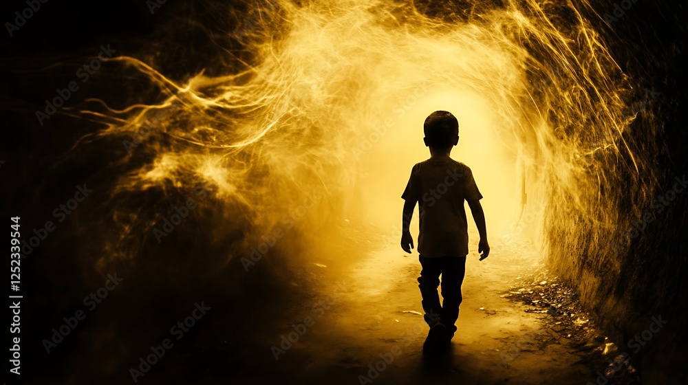 Obraz premium A child lost in thick PM 2.5 air, dreamy surreal abstract lighting effects