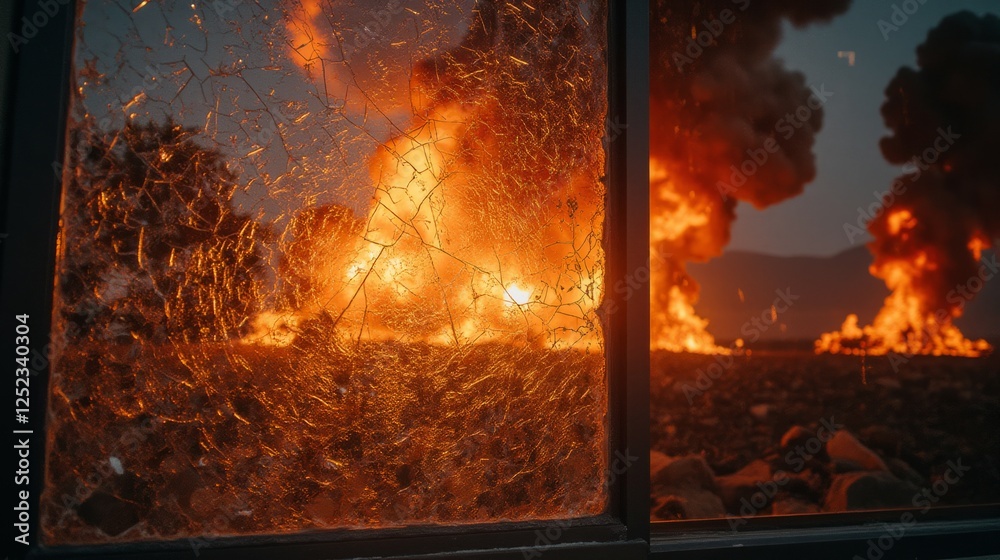 Fototapeta premium Dramatic View of Explosions Through a Broken Window Frame