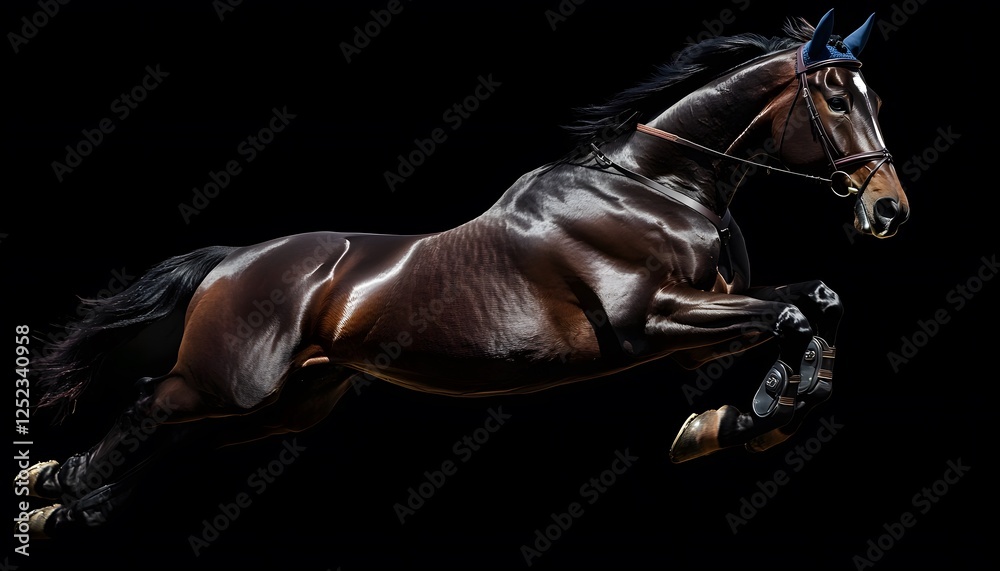 A powerful, sleek horse gracefully leaping against a dark backdrop, showcasing its strength and beauty in motion, symbolizing freedom and vitality in the animal kingdom. A powerful, sleek horse gracefully leaping against a dark backdrop, showcasing its strength and beauty in motion, symbolizing freedom and vitality in the animal kingdom.