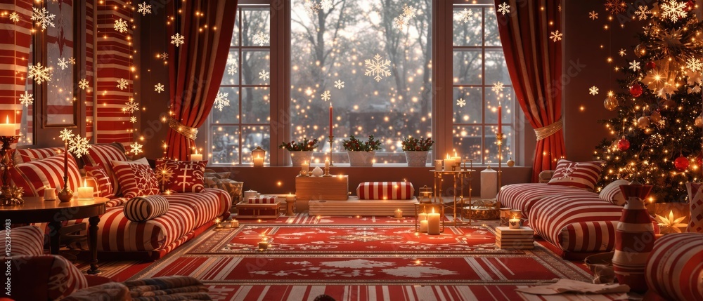 Obraz premium A warm and cozy interior with festive holiday decorations featuring red and white stripes, snowflakes, and candles, winter wonderland theme, festive accents, snowy vases