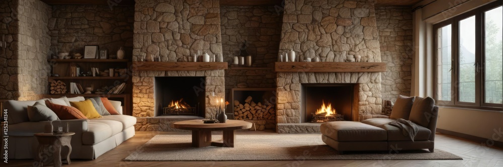 A warm and inviting living room with a large stone fireplace, warmth, invitation A warm and inviting living room with a large stone fireplace, warmth, invitation