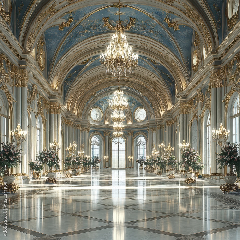 Obraz premium Large, ornate room with a blue ceiling and gold accents