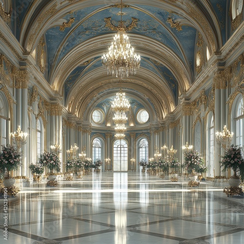 Large, ornate room with a blue ceiling and gold accents