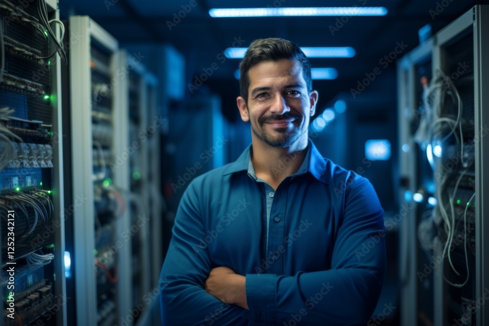 Portrait of a smiling Hispanic male technician in server room Portrait of a smiling Hispanic male technician in server room