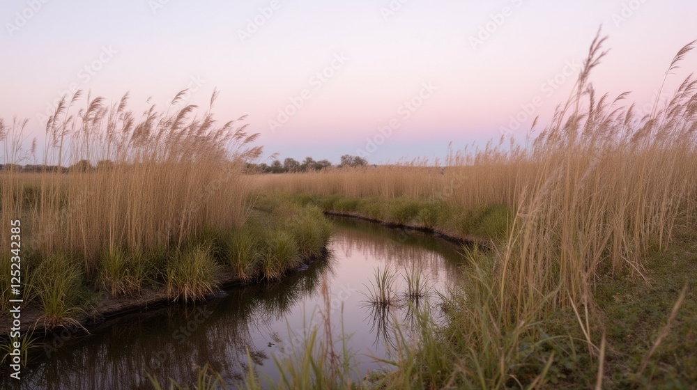 Serene Waterway Surrounded by Tall Grasses at Sunset Glow Serene Waterway Surrounded by Tall Grasses at Sunset Glow