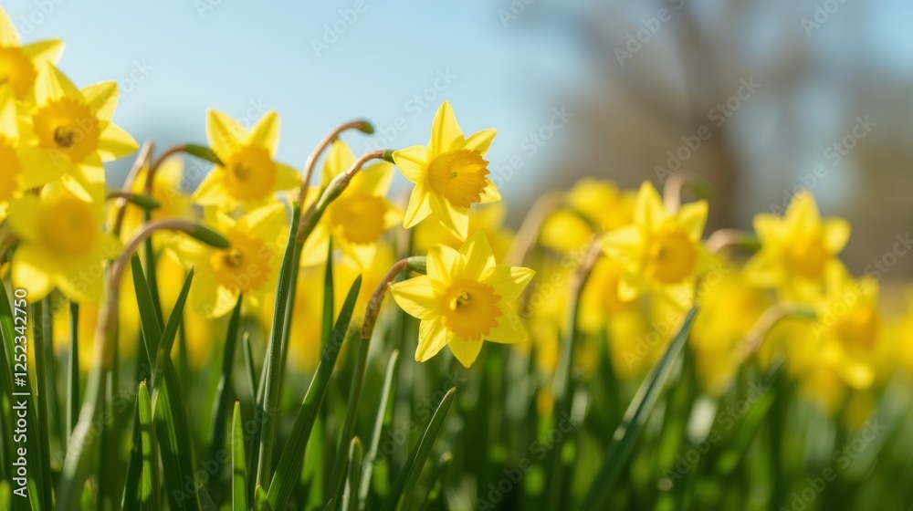 Bright Yellow Daffodils Blooming in Springtime Garden Setting