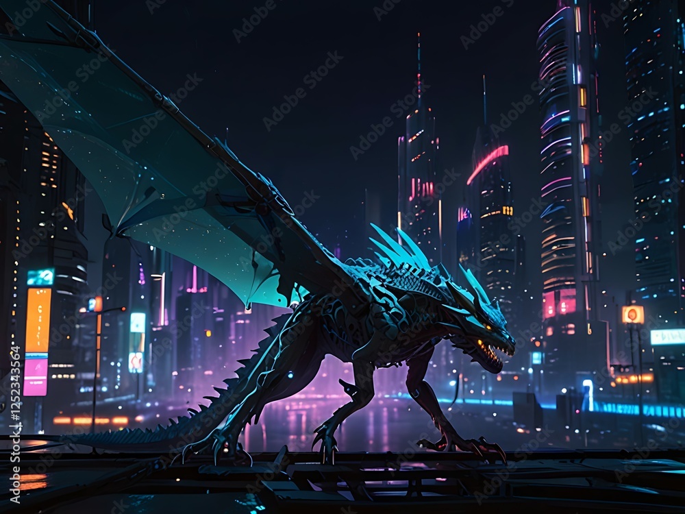 Futuristic Cyber Dragon Over Cityscape, An illuminated cyber dragon soaring above a vibrant futuristic city at night, showcasing advanced technology and creativity. Futuristic Cyber Dragon Over Cityscape, An illuminated cyber dragon soaring above a vibrant futuristic city at night, showcasing advanced technology and creativity.