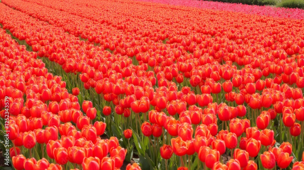 Expansive Field of Vibrant Red Tulips in Full Bloom Under Clear Sky Expansive Field of Vibrant Red Tulips in Full Bloom Under Clear Sky