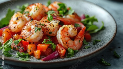 A deconstructed shrimp salad with grilled shrimp, diced vegetables, and dressing served separately photo