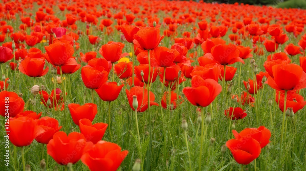 Vibrant Field of Red Poppies in Full Bloom Under Clear Blue Sky Vibrant Field of Red Poppies in Full Bloom Under Clear Blue Sky