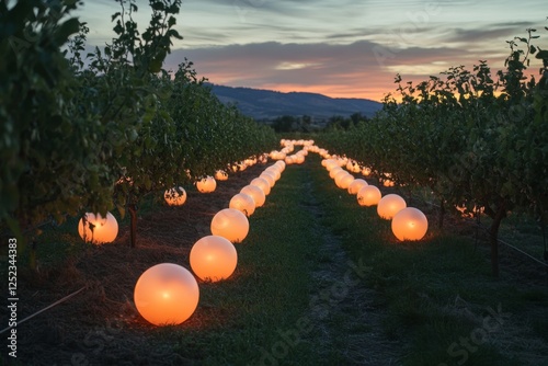 Orchard lit by decorative hanging lights during dusk photo