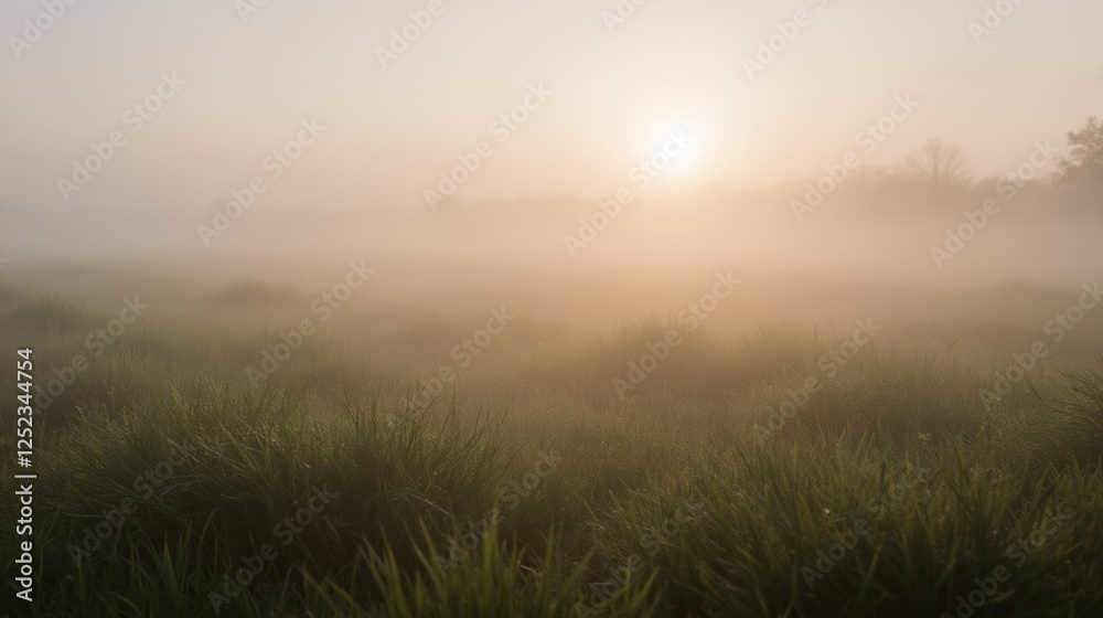 Obraz premium Soft Sunrise Over a Foggy Meadow with Dewy Green Grass