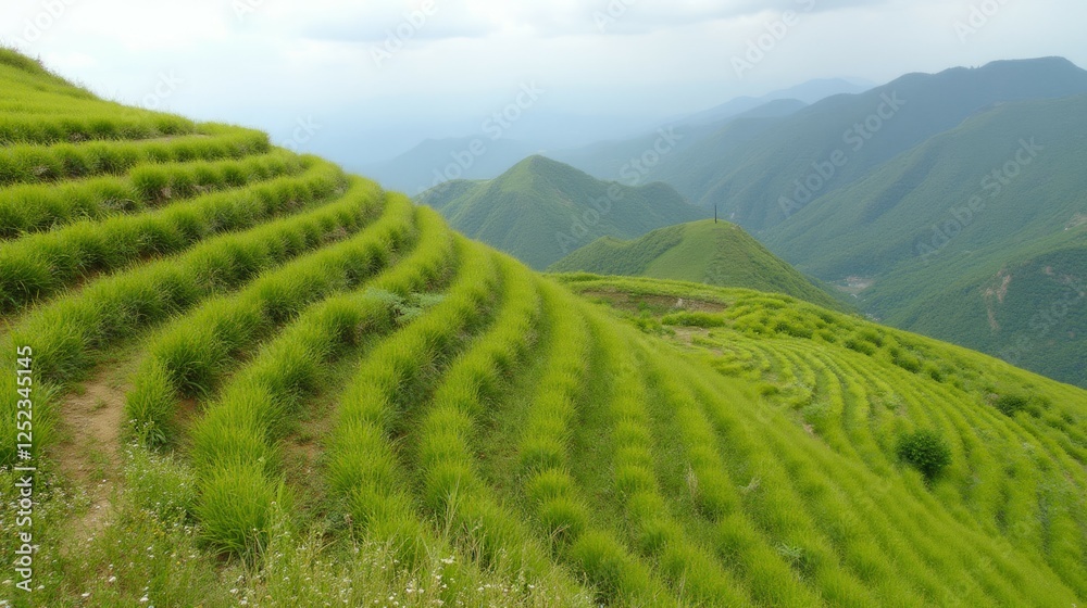 Lush Green Terraced Fields on Rolling Hills Under Cloudy Sky Lush Green Terraced Fields on Rolling Hills Under Cloudy Sky