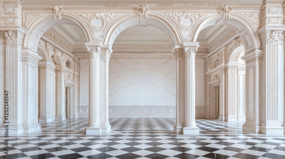 Fototapeta premium Grand Palace Hall Interior Checkered Floor, Archways, Columns