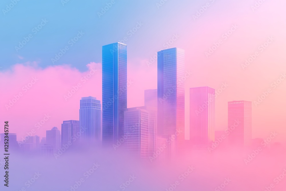 Fototapeta premium Cityscape with skyscrapers disappearing into a cloud of pollution, cyberpunk style
