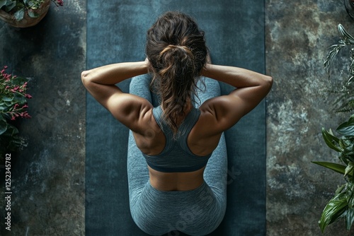 Back view of a woman exercising outdoors by the water photo