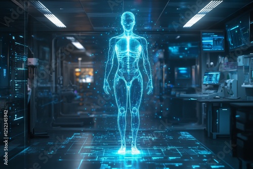 High-tech holographic human figure with glowing elements photo