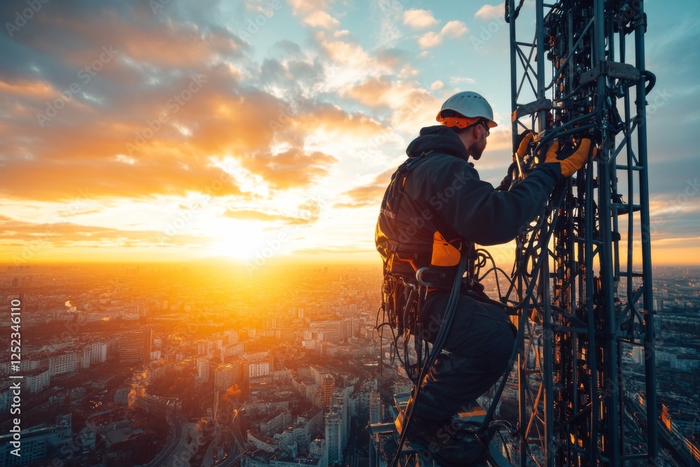 Silhouette of a worker on a rooftop during sunset Silhouette of a worker on a rooftop during sunset
