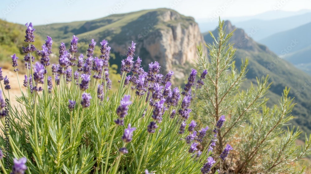 Obraz premium Lavender Blossoms Against Mountain Landscape in Sunny Weather