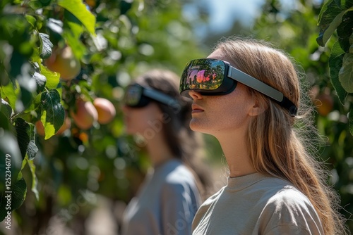 Young woman picking apples in an orchard under sunlight photo