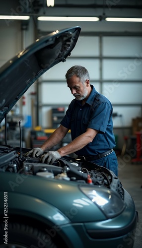 Obraz na płótnie mechaniker 5 auto werkstatt garage work car mechanic engine set fix repair car check hood check control oil change jumpsuit man wrench screw red blue car labor working man service garage hood w salonie