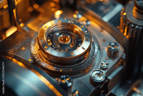 Close-up of intricate golden clockwork gears in motion photo