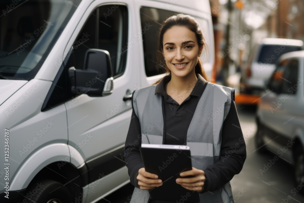 Portrait of a female courier worker staying by delivery van Portrait of a female courier worker staying by delivery van