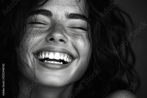 Grayscale portrait of a smiling woman with joyful expression photo