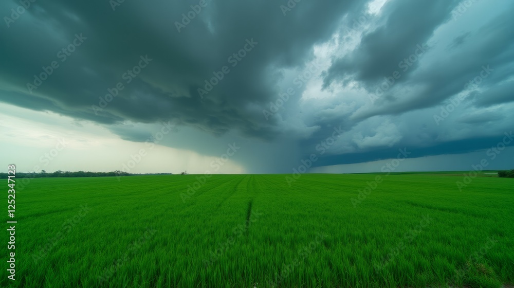 Dramatic Clouds Over Lush Green Field Before Approaching Storm Dramatic Clouds Over Lush Green Field Before Approaching Storm