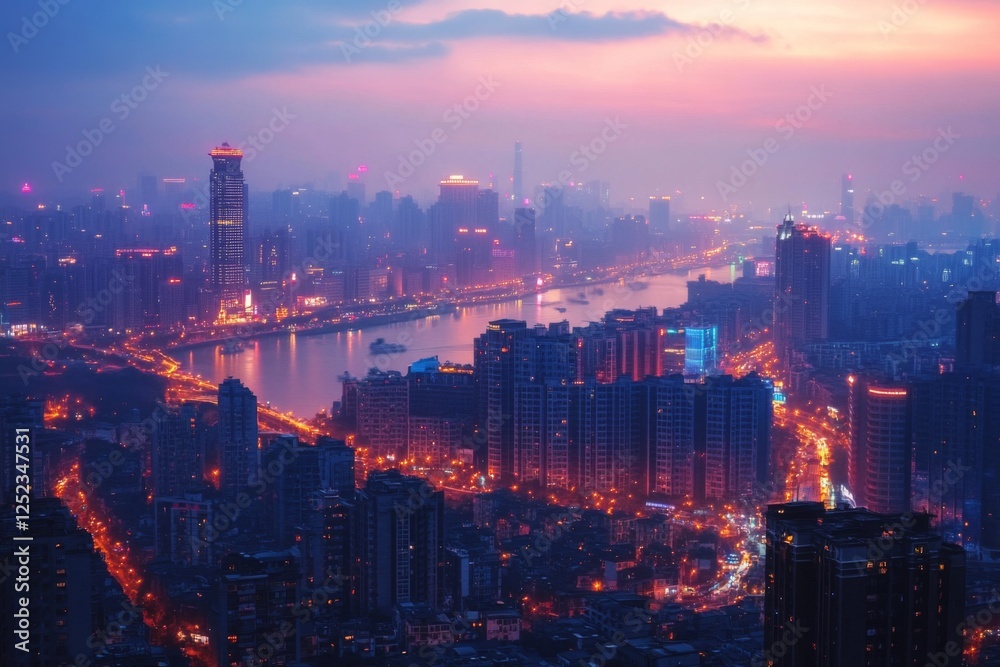 Obraz premium Expansive view of a glowing city at night from above