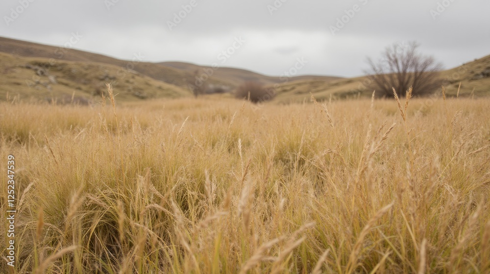 Golden Grasses in a Serene Landscape Under Overcast Sky Golden Grasses in a Serene Landscape Under Overcast Sky