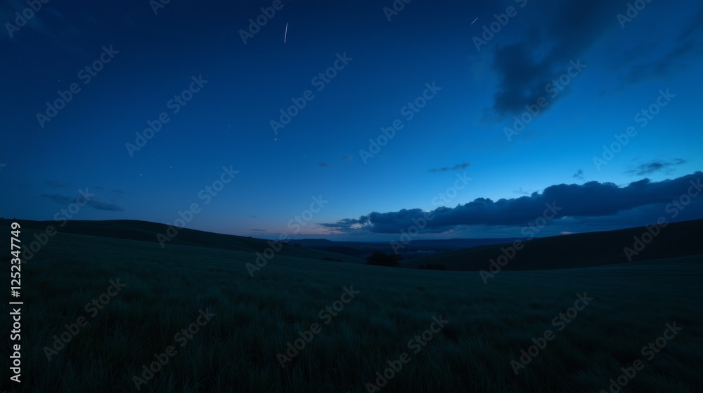 Naklejka premium Serene Night Sky Over Rolling Hills and Grassland at Dusk