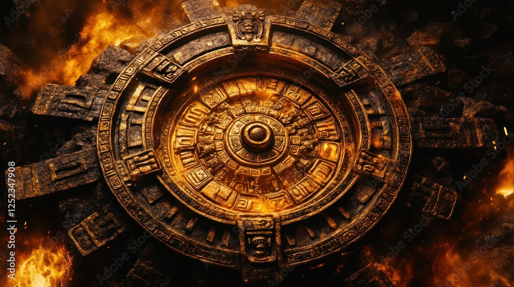 Fototapeta premium Ancient golden wheel artifact in fiery explosion