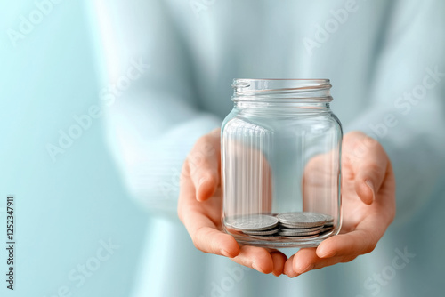 A philanthropist encouraging giving back to society, A person holding a transparent jar filled with coins, symbolizing saving and financial growth.