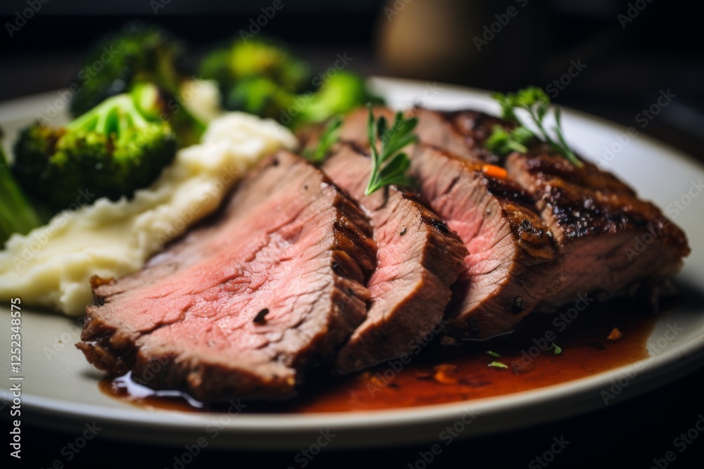 Close up of sliced roasted beef with vegetables and mashed potatoes Close up of sliced roasted beef with vegetables and mashed potatoes