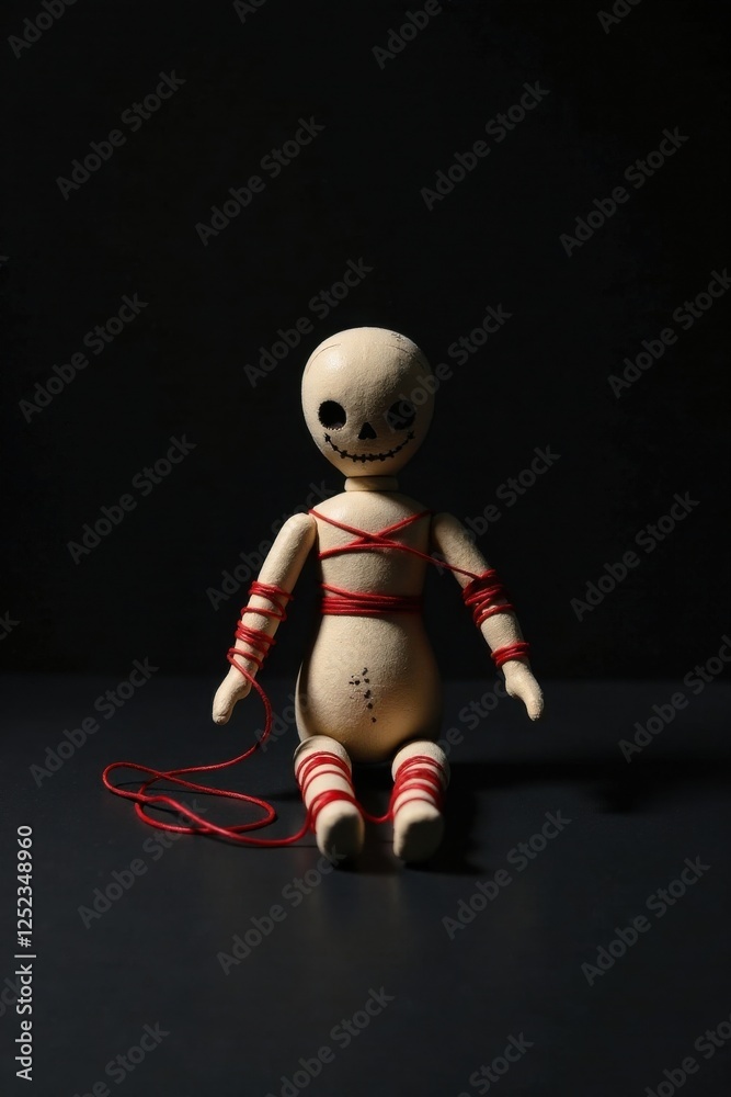 A Small, Bound Figurine with a Painted Skull Face Sits on a Dark Surface A Small, Bound Figurine with a Painted Skull Face Sits on a Dark Surface