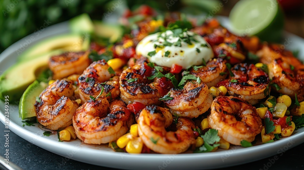 Shrimp salad with roasted corn, diced avocado, and lime crema, styled on a white platter Shrimp salad with roasted corn, diced avocado, and lime crema, styled on a white platter