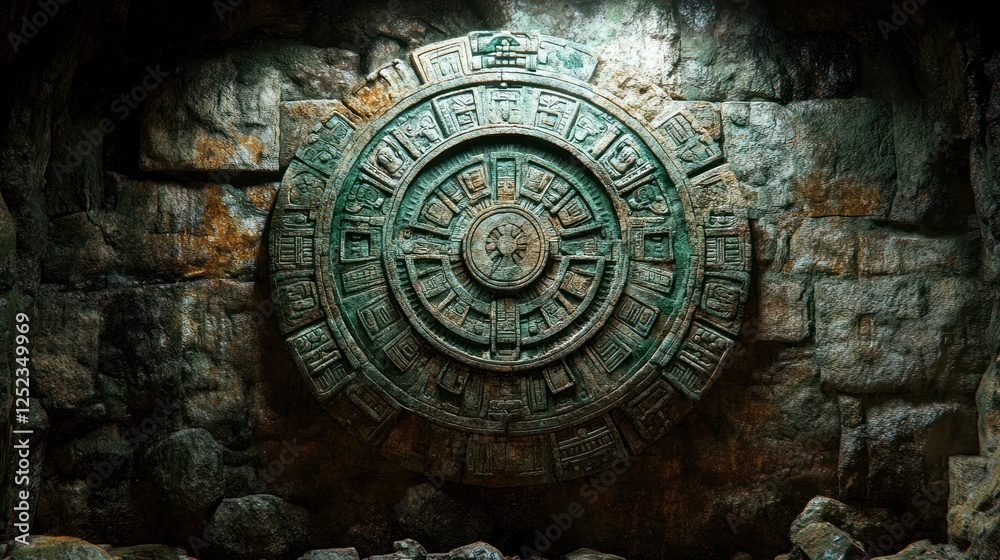 Ancient Mayan calendar stone, carved in stone wall, dark cave interior
