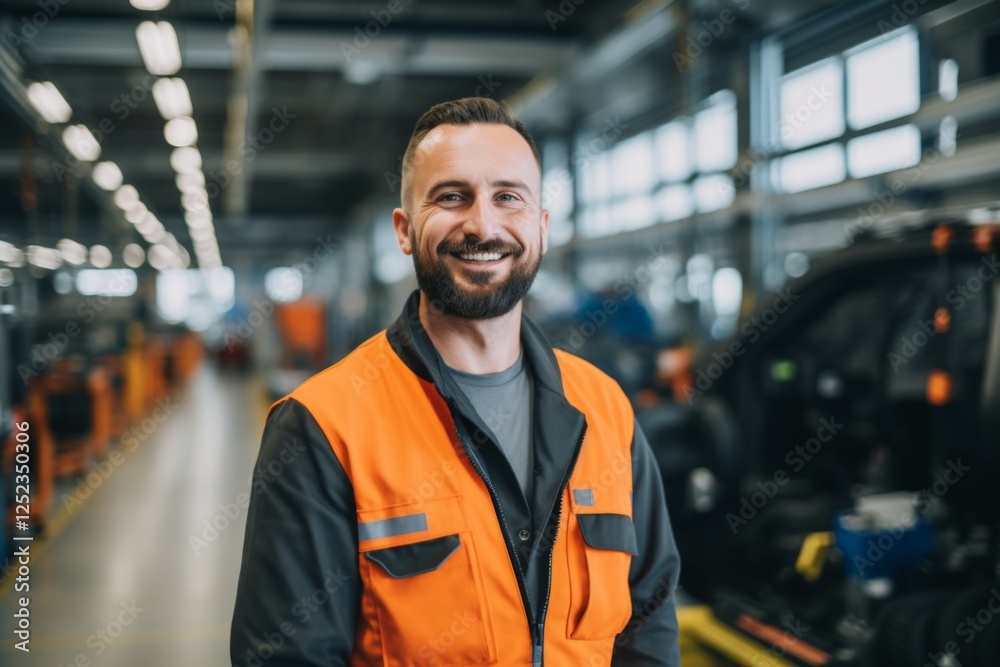 Smiling man working in automotive factory Smiling man working in automotive factory