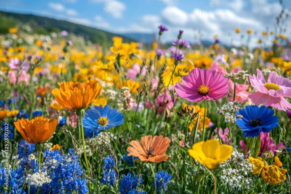 Fototapeta premium Colorful wildflowers in a sunny meadow with blue sky
