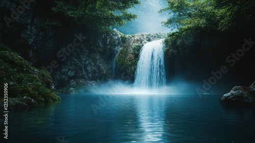 Serene waterfall cascading into tranquil pool, lush forest backdrop, nature photography