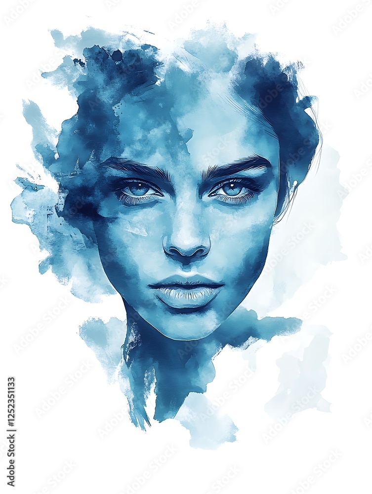 Fototapeta premium Abstract blue watercolor painting of a woman
