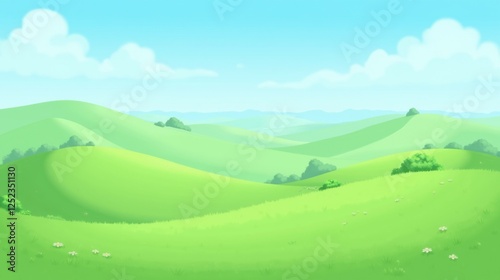 Vibrant Green Hills Under Blue Sky with Soft Clouds and Sunshine