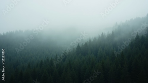 Foggy Forest Landscape with Dense Green Trees and Misty Atmosphere