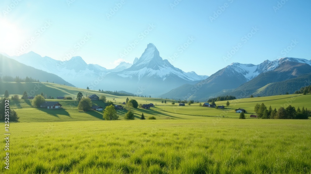 Fototapeta premium Serene Landscape with Majestic Mountains and Lush Green Fields