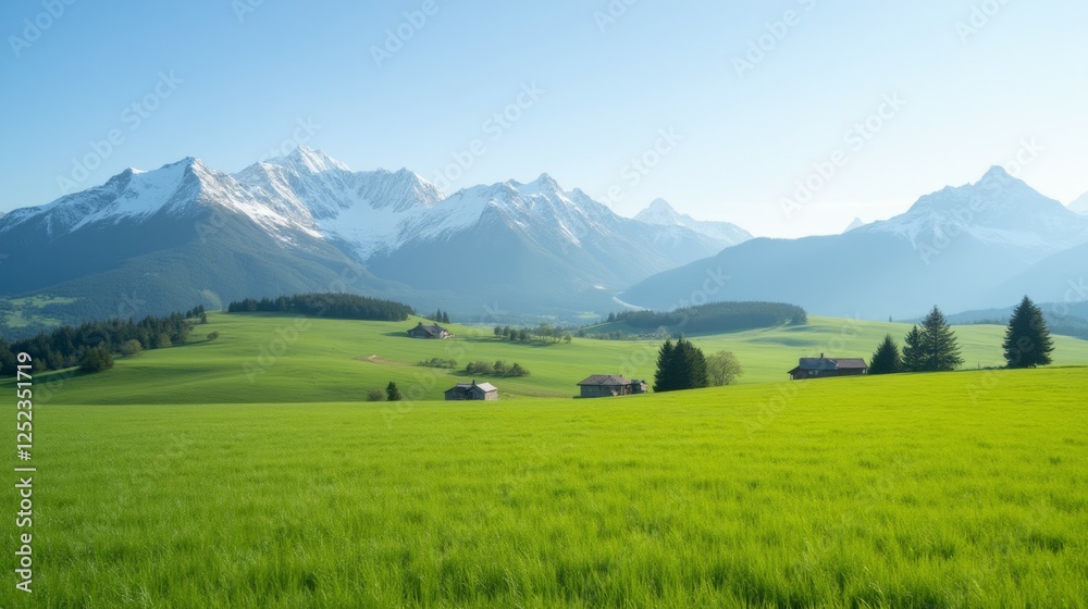 Serene Mountain Landscape with Lush Green Fields and Clear Sky